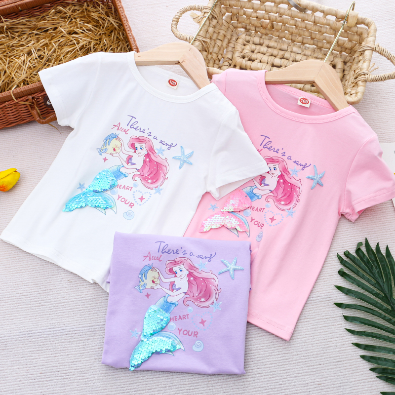 美人鱼女童短袖T恤2024夏季新款洋气卡通宝宝纯棉薄款上衣儿童装