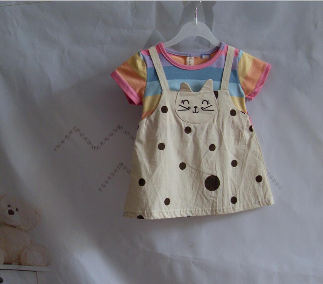 女童彩虹短袖连衣裙1-3岁洋气婴儿背带裙子女宝宝假两件套装包邮