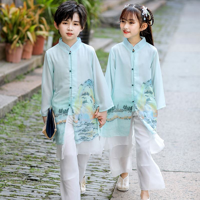 儿童中国风唐装演出服男童女童汉服秋季薄款中式古风长衫走秀礼服