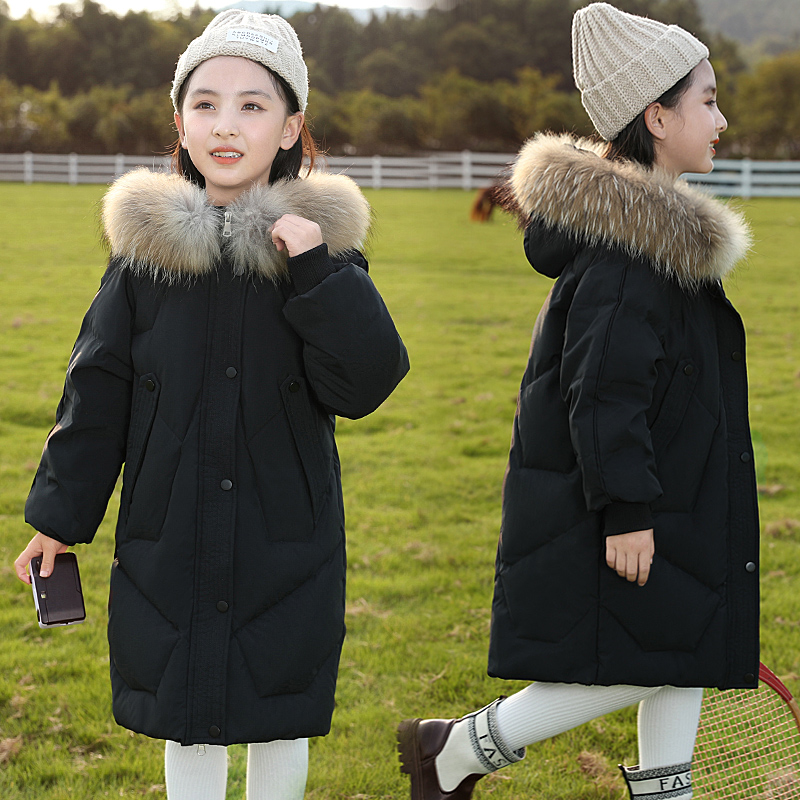 新款女童羽绒服中长款韩版洋气加厚儿童中大童冬装外套白鸭绒