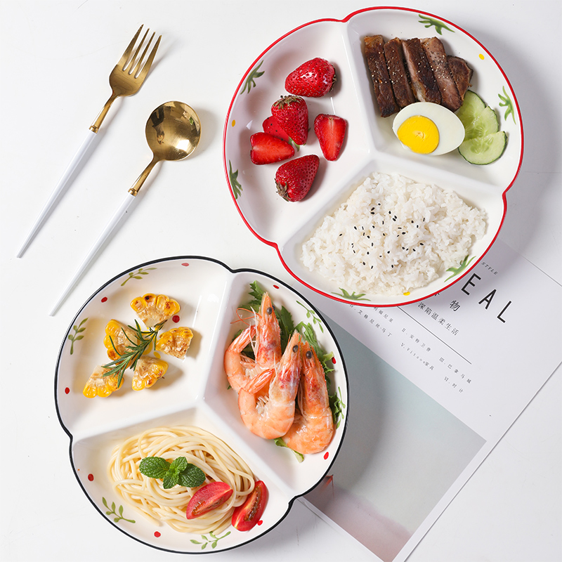 北欧分格盘家用创意分隔盘子陶瓷分菜三格分餐盘儿童早餐减脂定量
