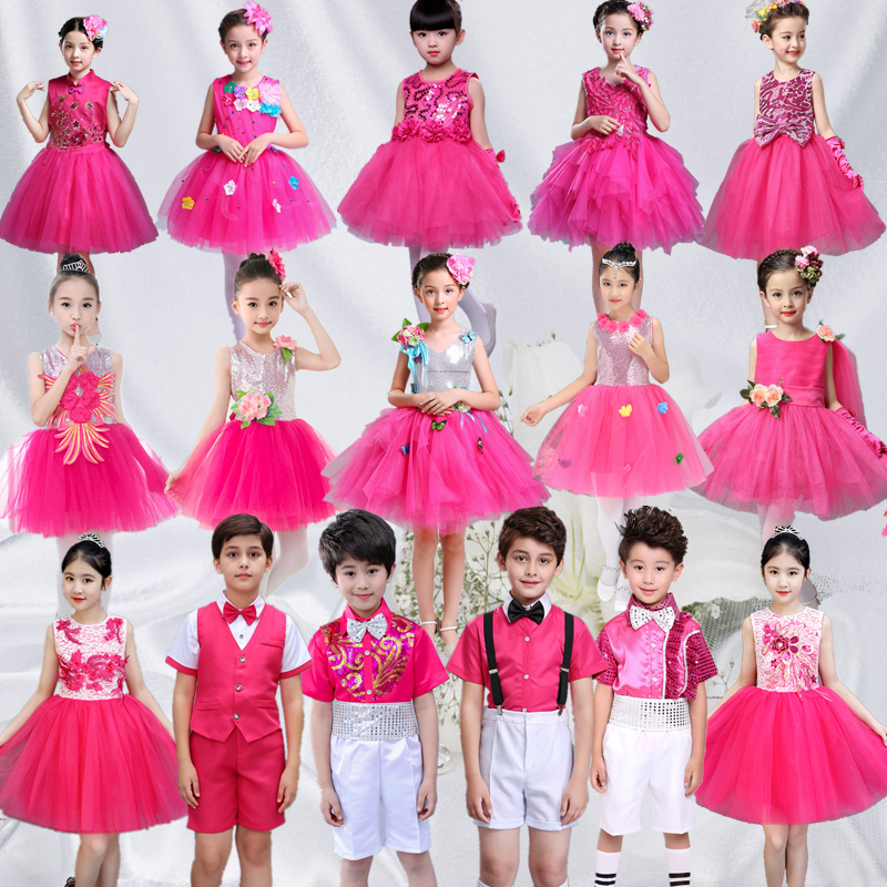 六一儿童演出服玫红色女童蓬蓬纱公主裙幼儿园舞蹈小学生合唱表演