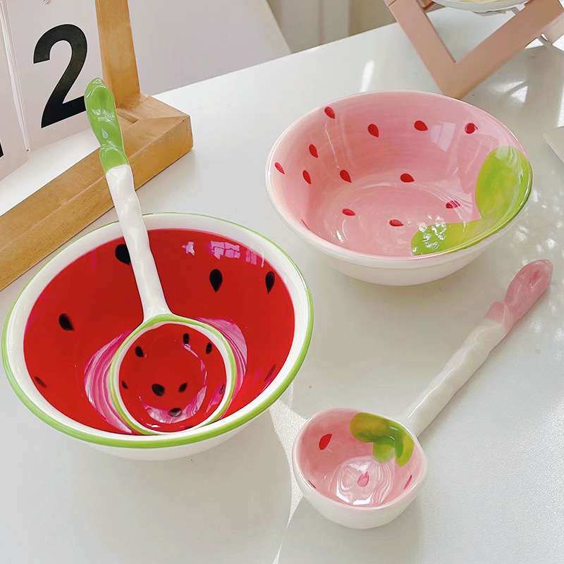 高颜值卡通陶瓷碗 ins风草莓碗西瓜勺子儿童可爱饭碗汤碗餐具