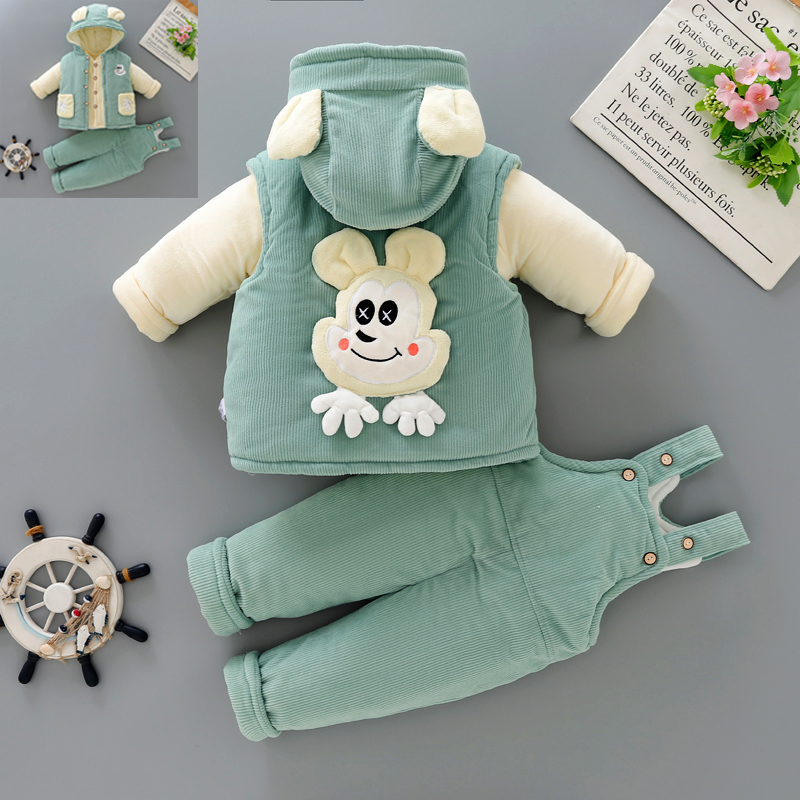 宝宝冬装套装婴儿冬季棉衣0-1岁男加厚棉袄棉服背带裤三件套卡通