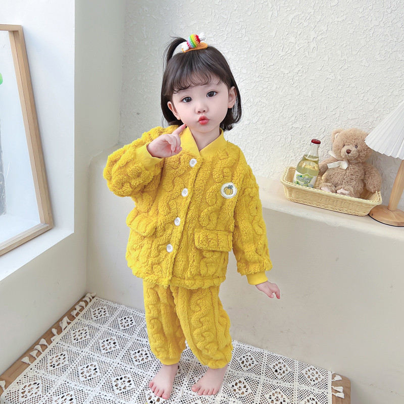 韩国季保暖绒女童睡衣公主套装珊瑚绒法兰洋气小童家居服秋冬儿童