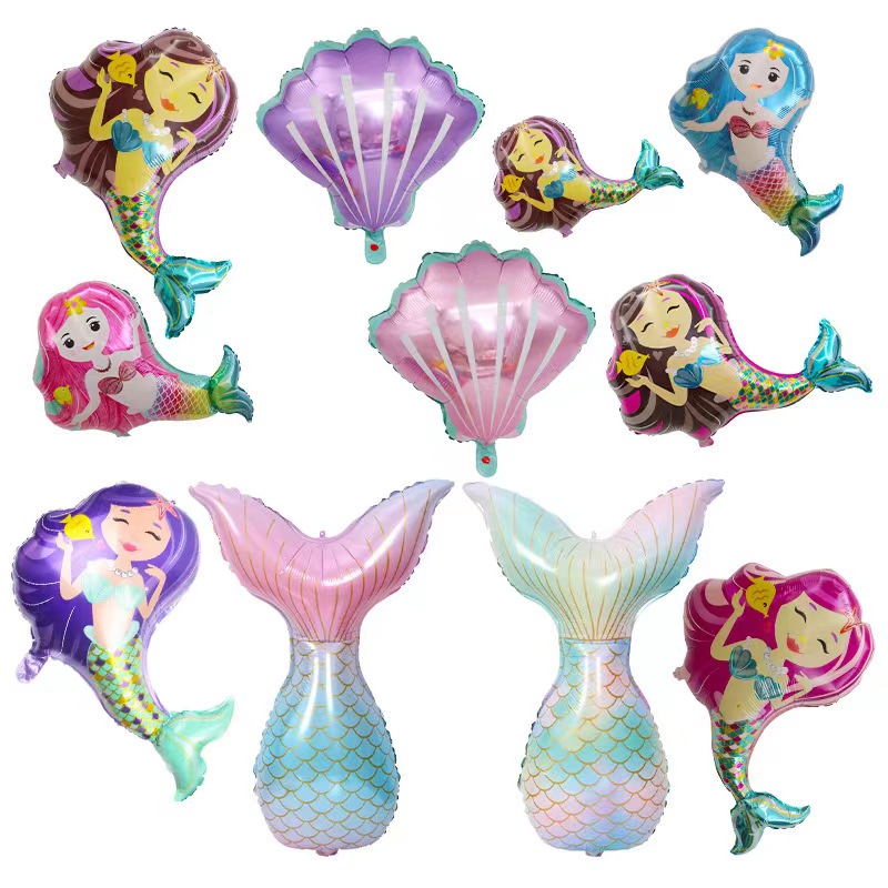 mermaid美人鱼贝壳鱼尾气球 女孩生日派对装饰 卡通海洋场景布置