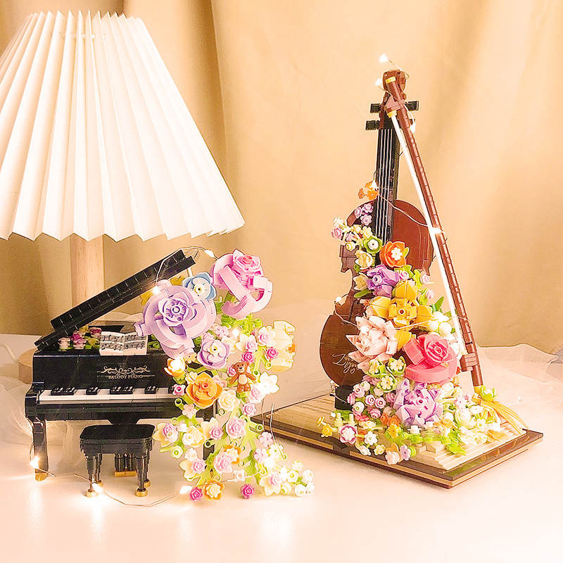 贝乐迪积木花之乐章拼装男女孩花束系列小提琴玩具钢琴小颗粒礼物