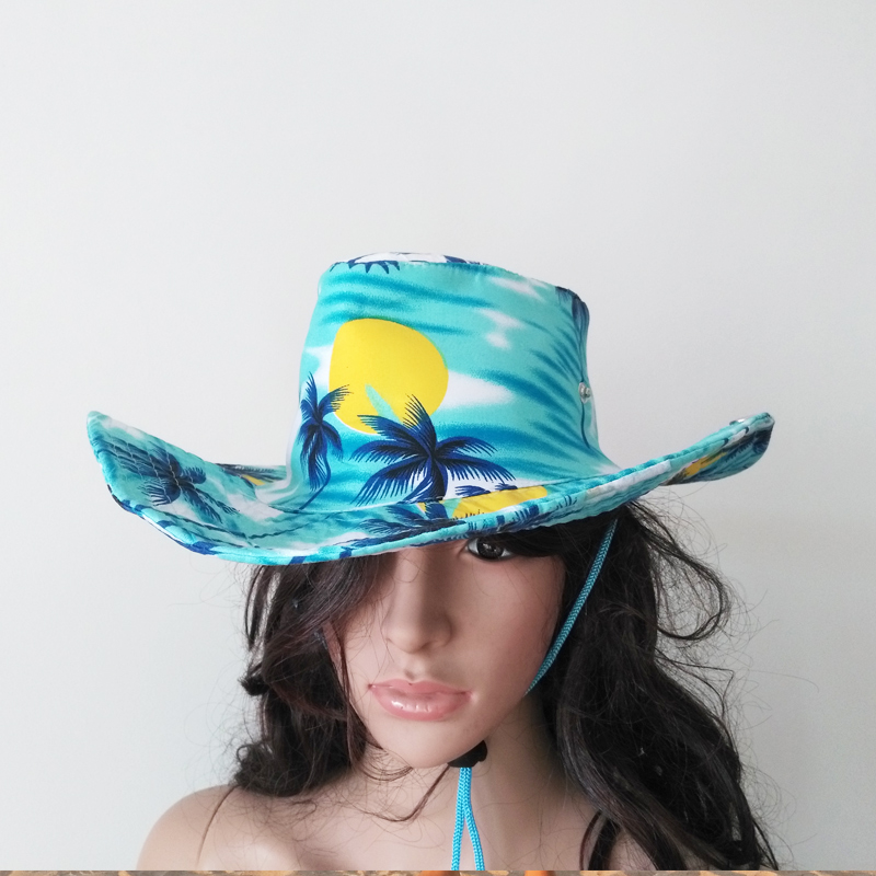 海南岛服花色小圆顶帽西部牛仔三亚旅游沙滩出行蓝色渔夫遮阳