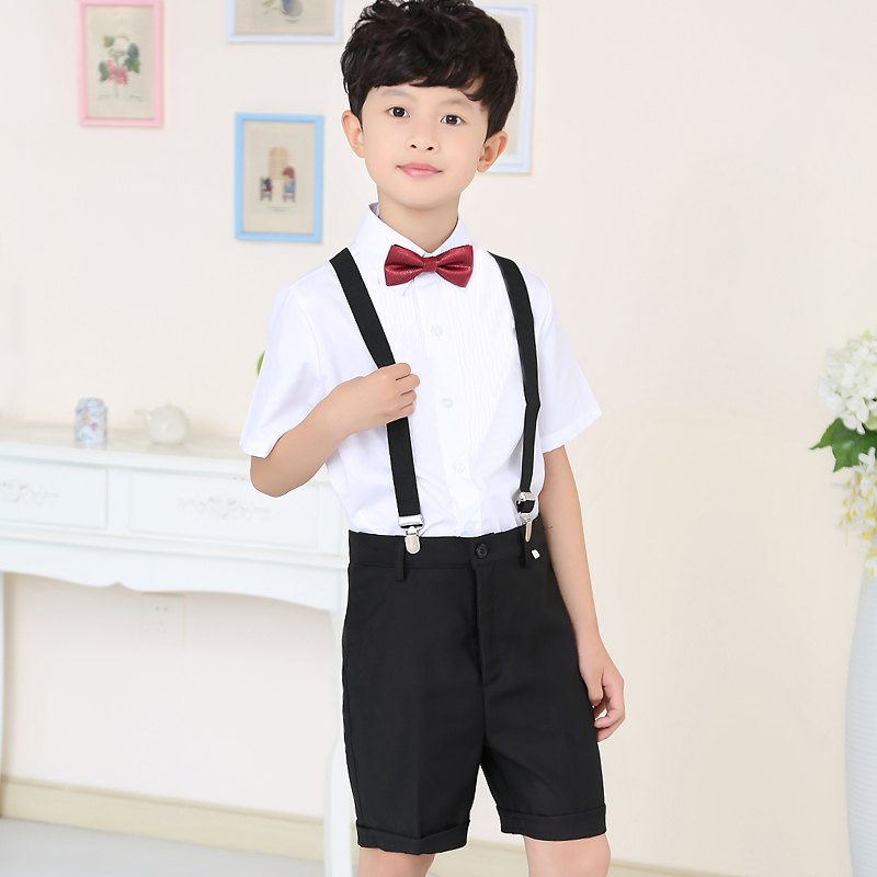 新款男童短袖白衬衫纯黑色西装短裤套装夏季儿童装衬衣礼服表演出