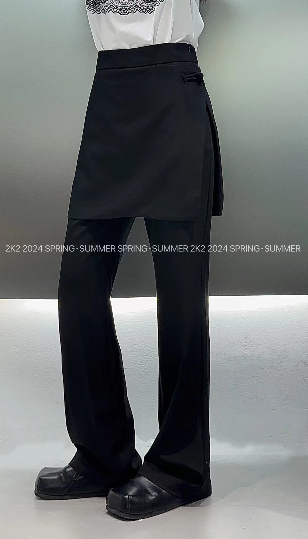 欧洲站2024夏季高腰欧美风设计感短裙拼接直筒显瘦两件套长裤裙裤
