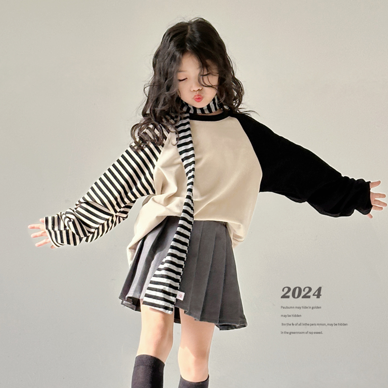 女童设计感不对称t恤百褶裙套装春季2024新款儿童女宝宝韩版卫衣