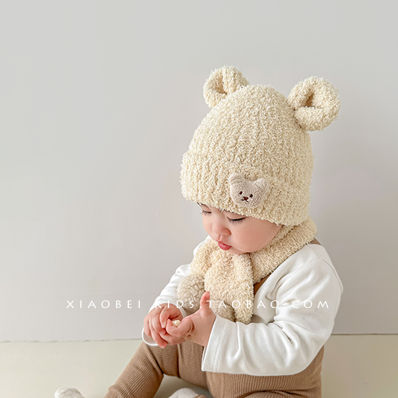 婴儿帽子围巾套装秋冬季幼儿宝宝毛绒帽女童护耳帽儿童套头帽男童