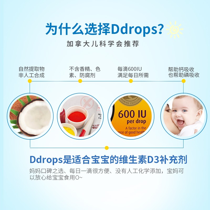 美国ddrops滴卓思维生素1婴儿童d3滴剂一岁以上幼儿宝宝vd补钙维d