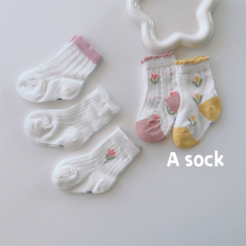 春夏婴儿薄款袜子透气网眼中筒袜女宝宝短袜小花朵纯色棉袜女童袜