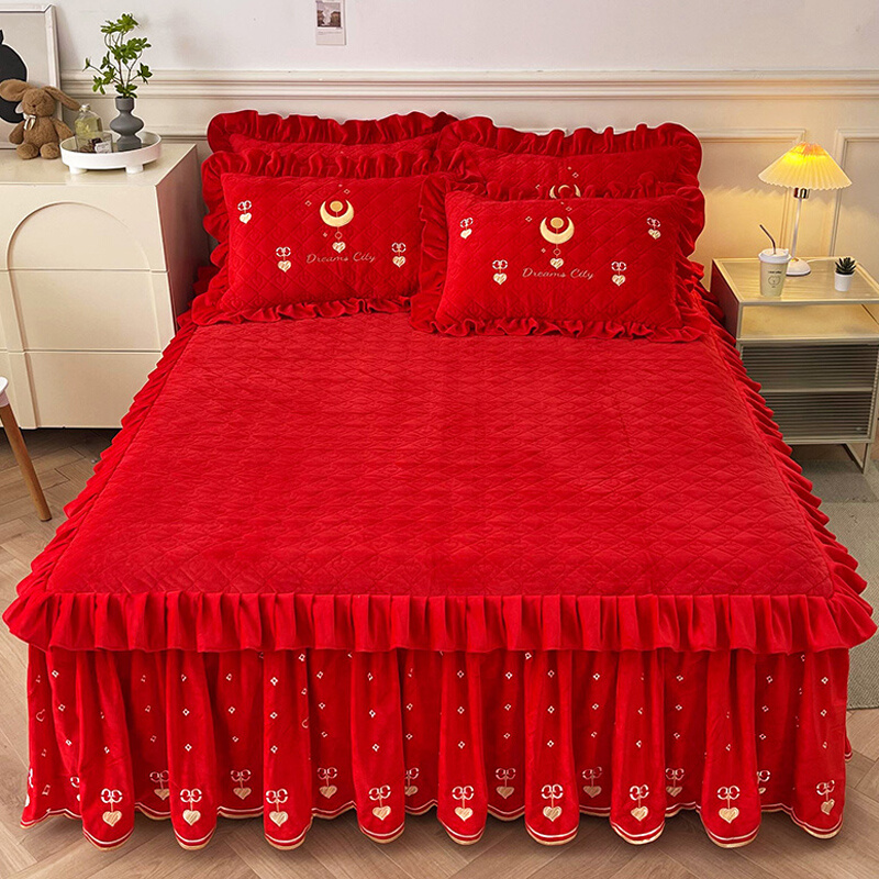 结婚大红色高端夹棉床裙式床罩单件婴儿绒加厚牛奶宝宝绒刺绣花边