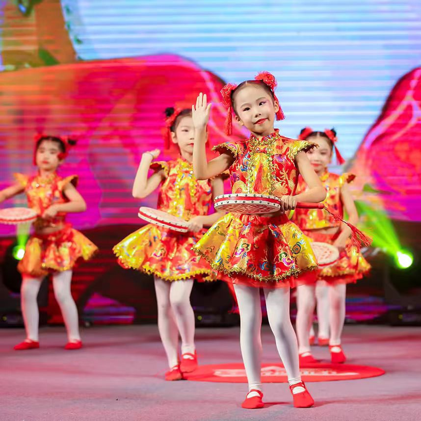 元旦儿童喜庆打鼓演出服太平女儿鼓秧歌说唱中国红梦娃幼儿舞蹈服