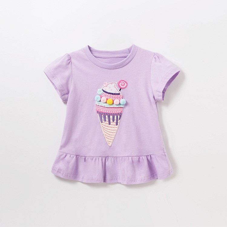 女童纯棉短袖T恤夏季童装宝宝洋气卡通冰淇淋紫色休闲荷叶边半袖