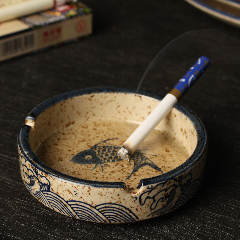 中国风鱼图复古烟灰缸陶瓷创意家用客厅烟缸时尚个性小号的烟头缸