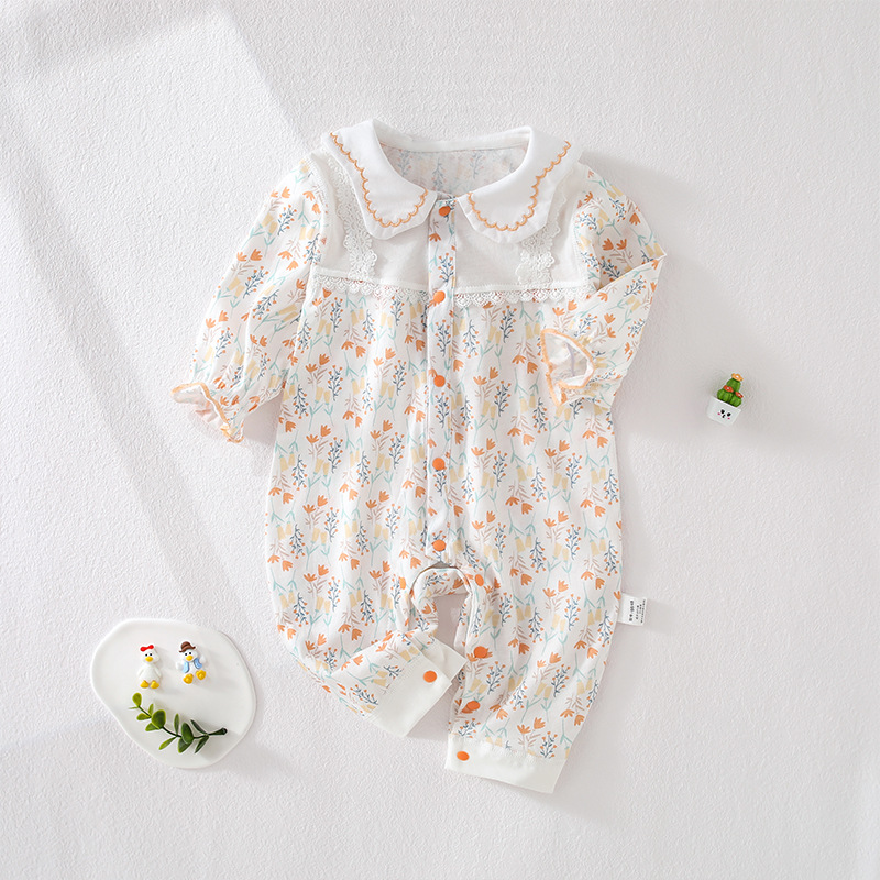 夏季婴儿长袖连体衣超薄透气纯棉空调服女宝宝外出甜美小碎花哈衣