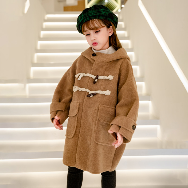 女童秋冬季羊角扣连帽中长款宽松毛呢大衣儿童中大童儿童韩版外套