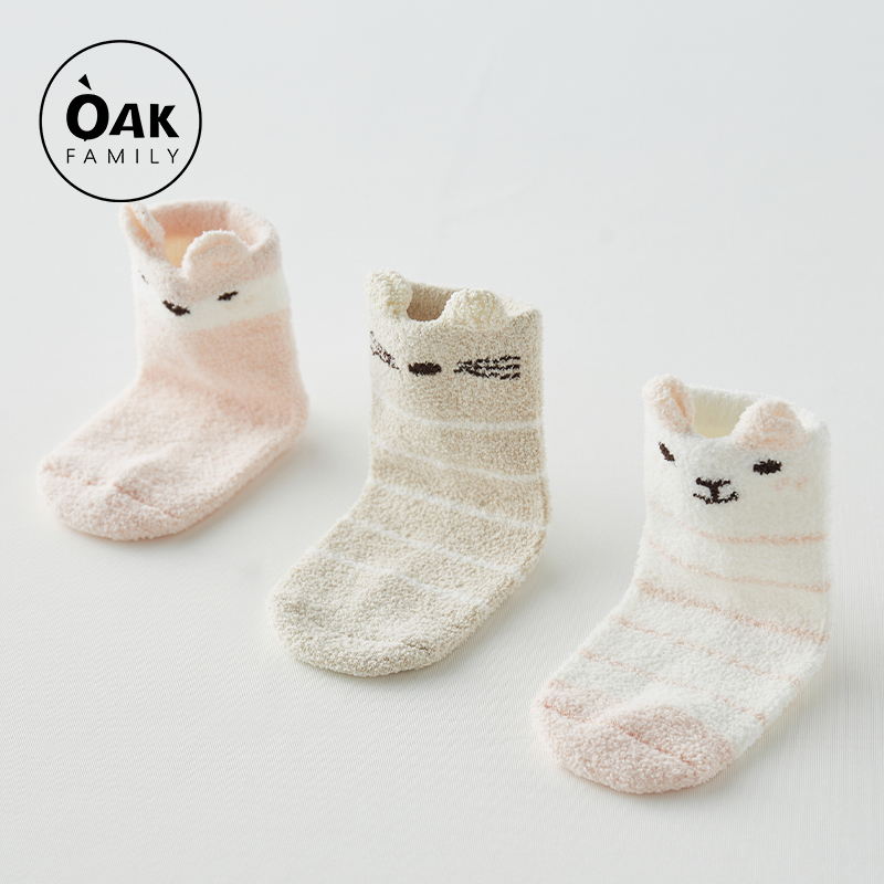 Oak Family婴儿防滑地板袜冬季宝宝中筒袜子男女儿童毛圈袜3双装