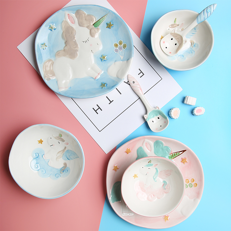 儿童陶瓷碗饭碗创意独角兽可爱少女心卡通宝宝餐具家用手绘早餐盘
