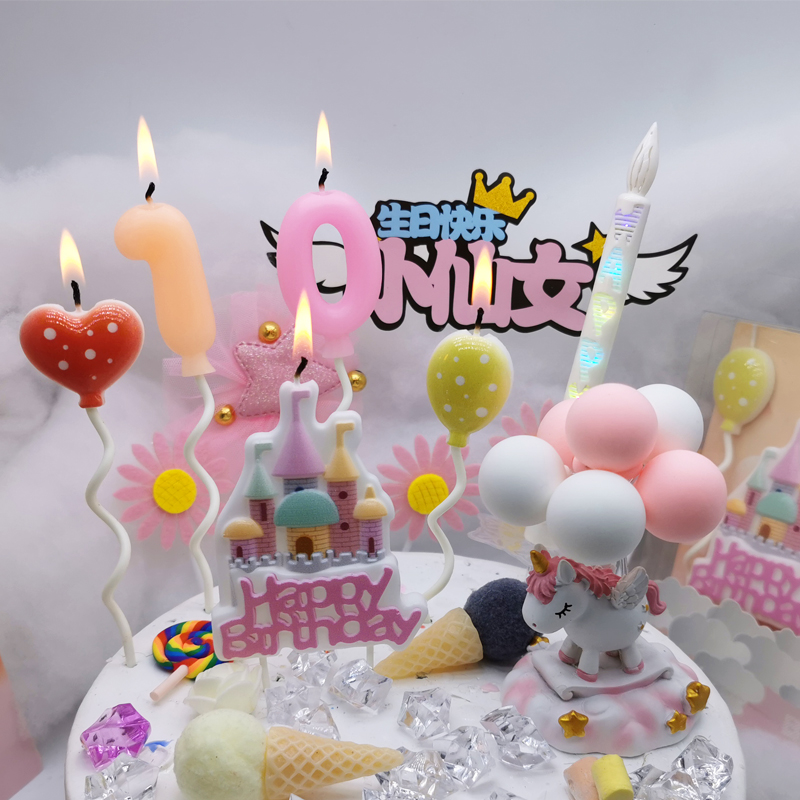 粉色天空之城堡生日蜡烛气球五角星数字字母快乐蛋糕插件天使儿童