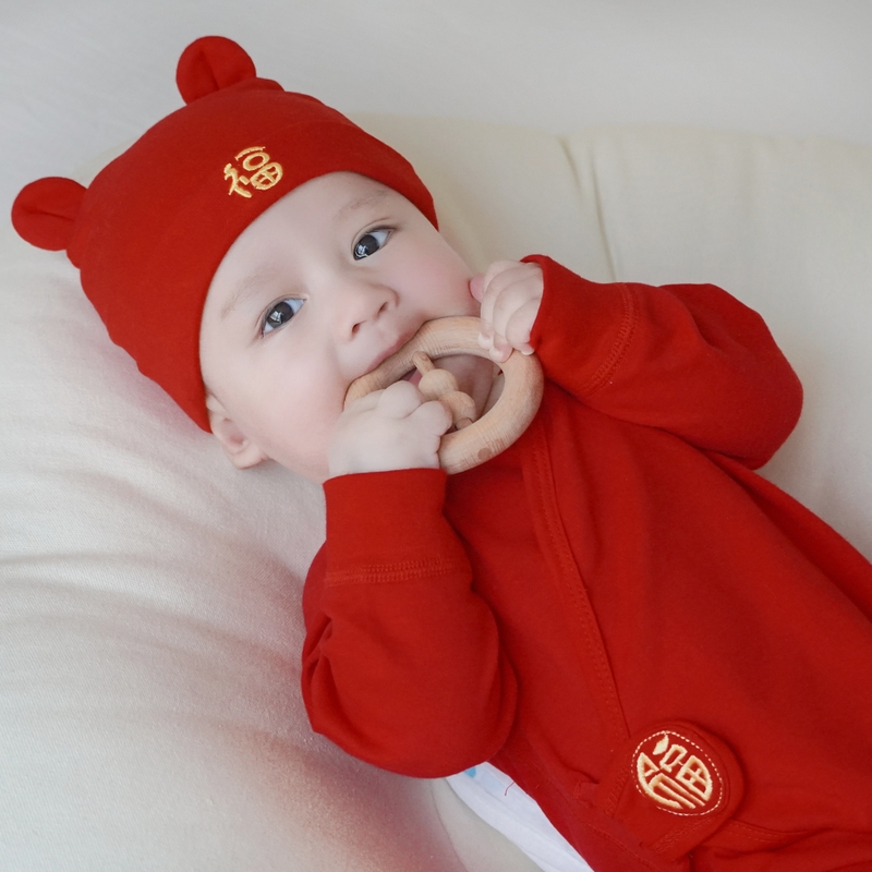 日本婴儿满月帽子百天宴初生宝宝冬季厚纯棉新生儿胎帽大红色可爱