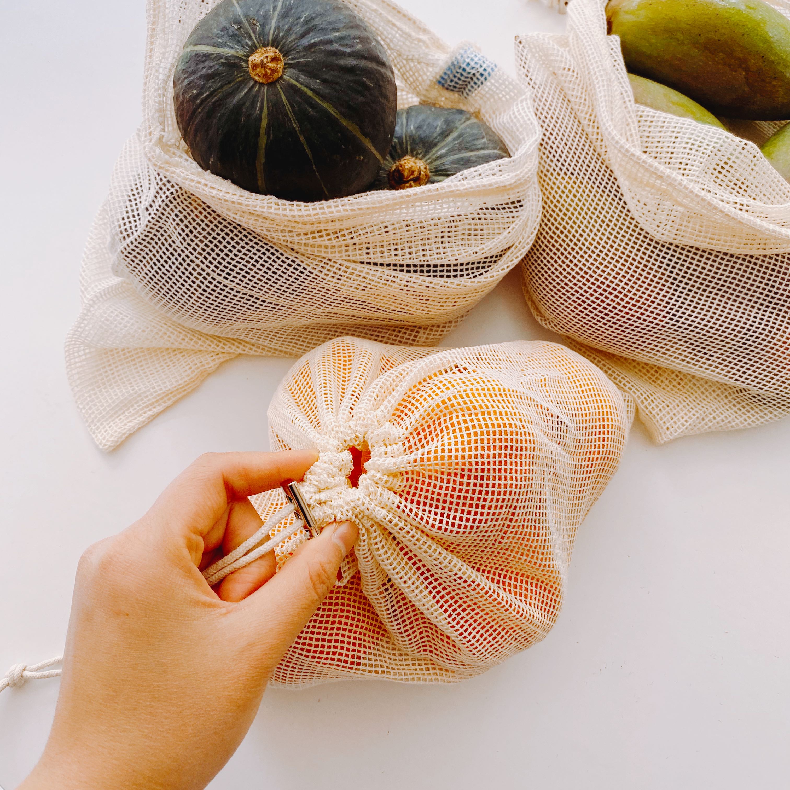 纯棉水果蔬菜网格收纳袋三件套 束口抽绳小布袋超市环保购物袋