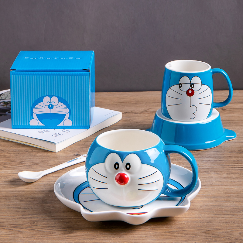 哆啦A梦儿童水杯陶瓷可爱机器猫蓝胖子碗盘套装家用叮当猫带盖杯