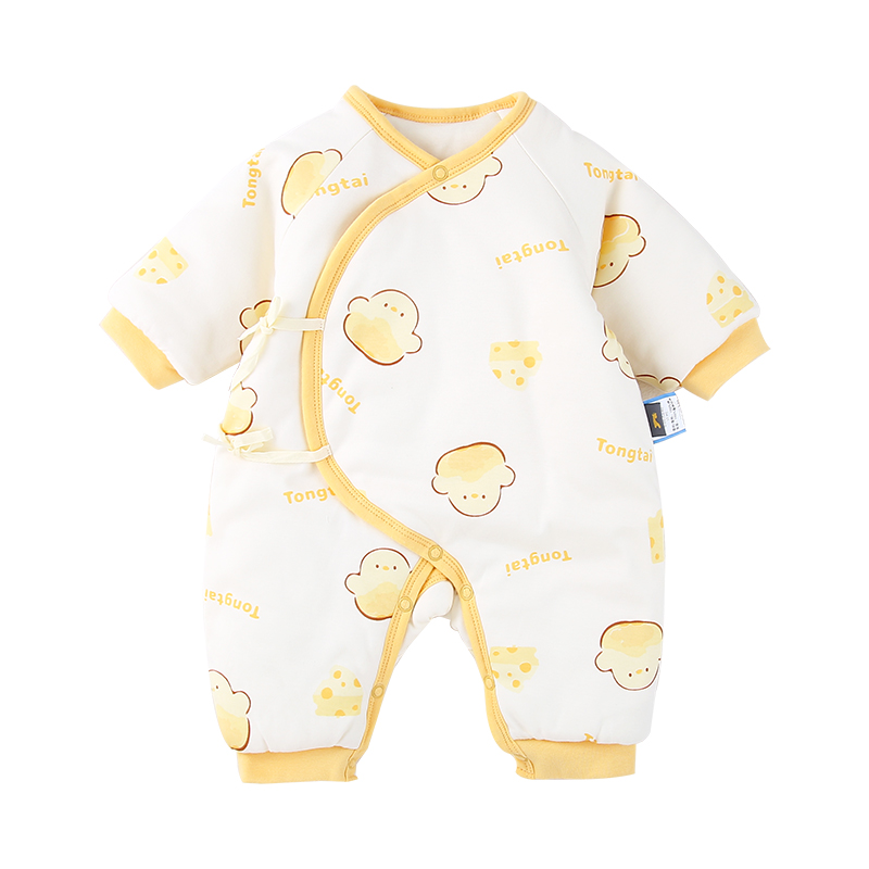 推荐新生儿冬季夹棉加厚连体衣0-6个月婴儿保暖哈衣宝宝系带棉衣