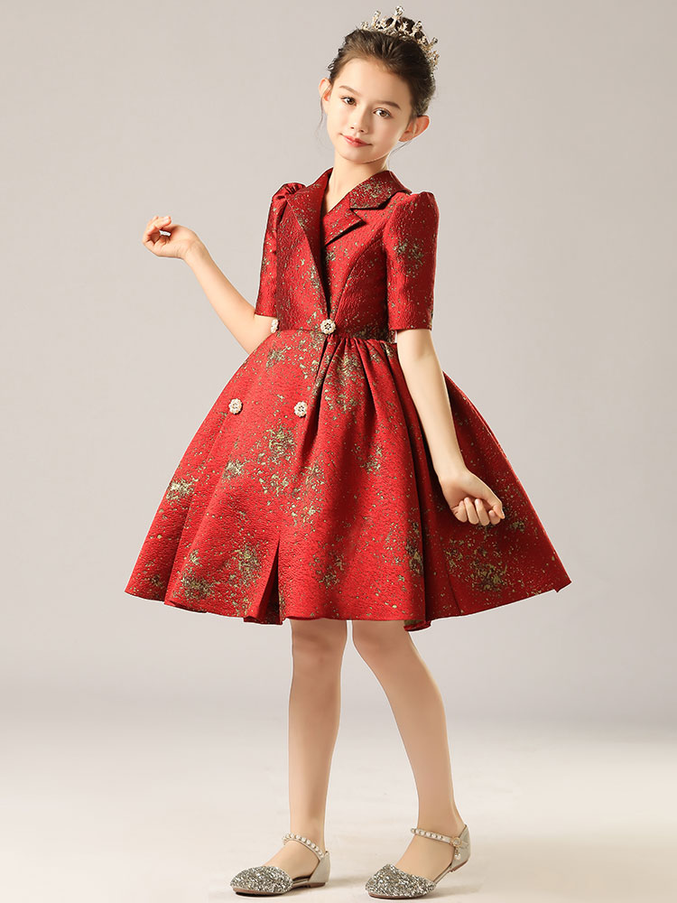 女童红色西装高端儿童模特走秀钢琴演出礼服裙小主持晚礼服公主裙