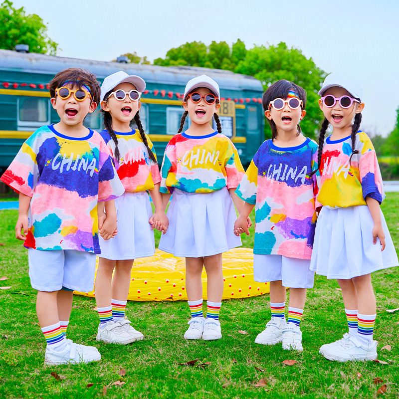 六一儿童啦啦队演出服幼儿园舞蹈糖果色表演服装小学生运动会套装