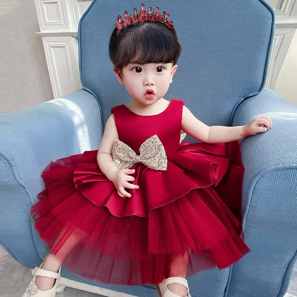 女宝周岁礼服婴儿连衣裙夏寄百天宴洋气公主裙子红色满月抓周服