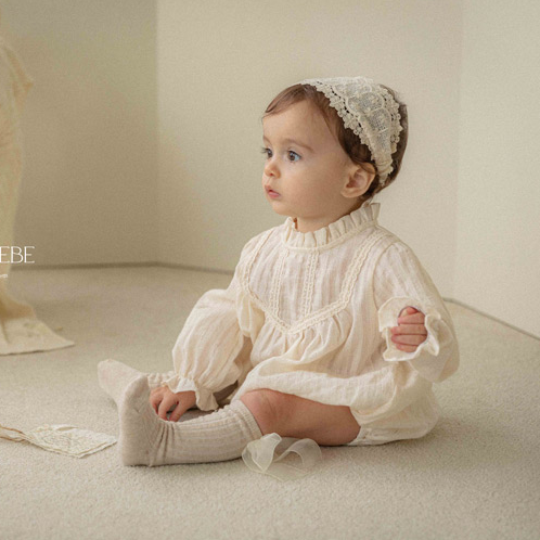 现货韩国进口婴儿白色花边领公主爬服连体衣百天周岁女宝宝包屁衣