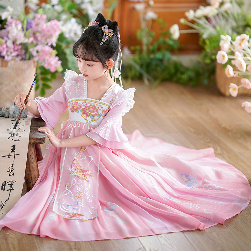 中国风唐装汉服女童夏季2024新款古风古典优雅大气舞台剧舞蹈演出