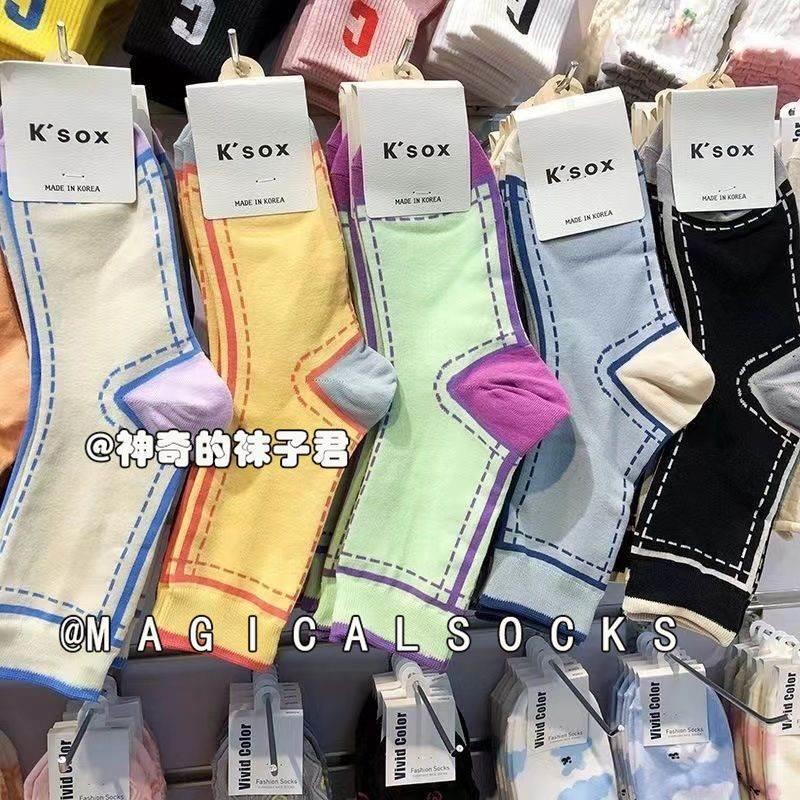 韩国袜子女东大门KSOX时尚撞色彩色后跟中筒女士明线动漫感长袜棉