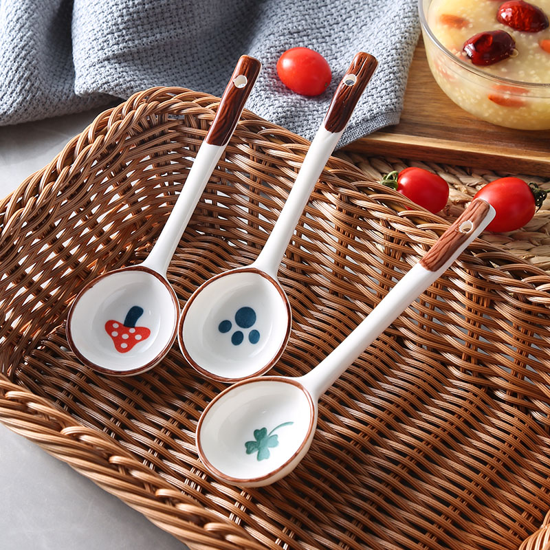 五里铺严选日式长柄陶瓷勺子手绘釉下彩网红汤勺卡通可爱甜品勺