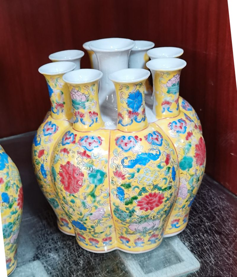 景德镇陶瓷花瓶摆件手绘仿古粉彩黄色九管花瓶客厅花瓶摆设