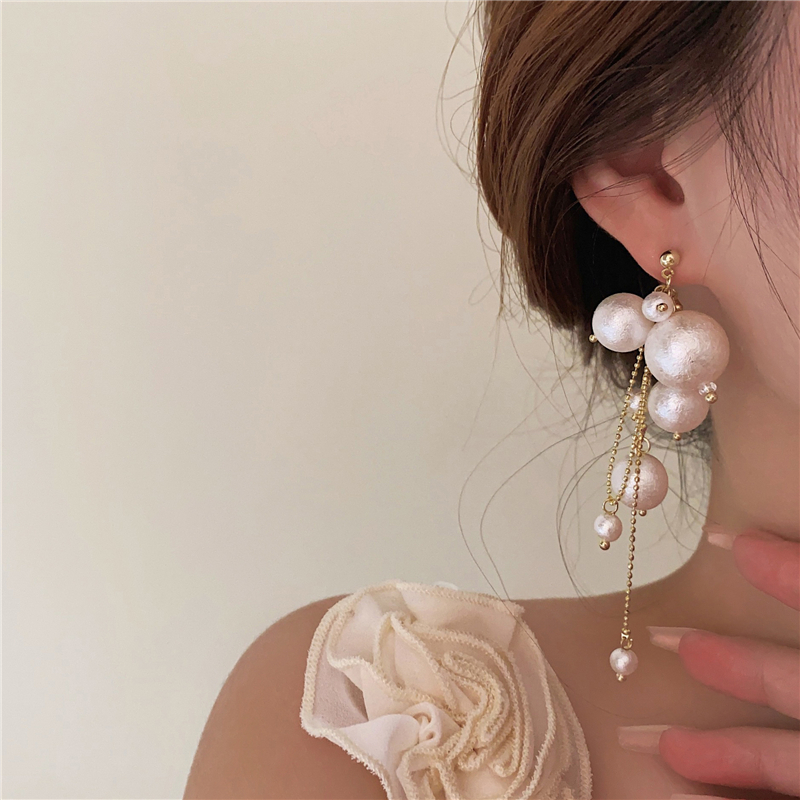 冒泡泡了~法式复古气质棉花珍珠串珠长款耳环 高级感度假时尚耳饰