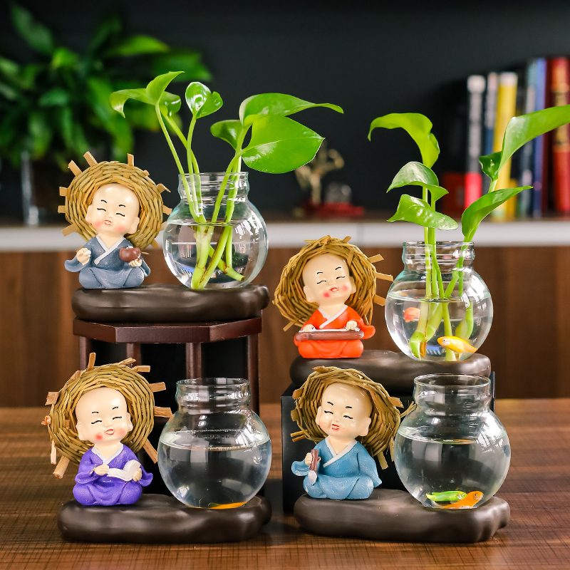 创意小和尚摆件宿舍桌面水培植物绿萝花瓶小摆件送同学简约小礼物