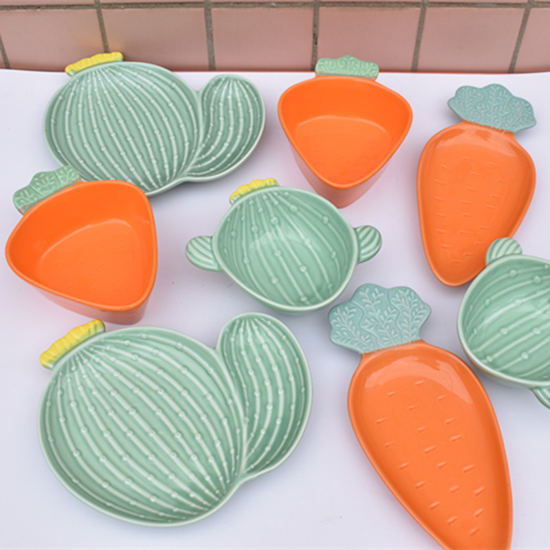 釉下彩家用创意陶瓷水果胡萝卜仙人掌碗盘碟儿童辅食餐具早餐碗