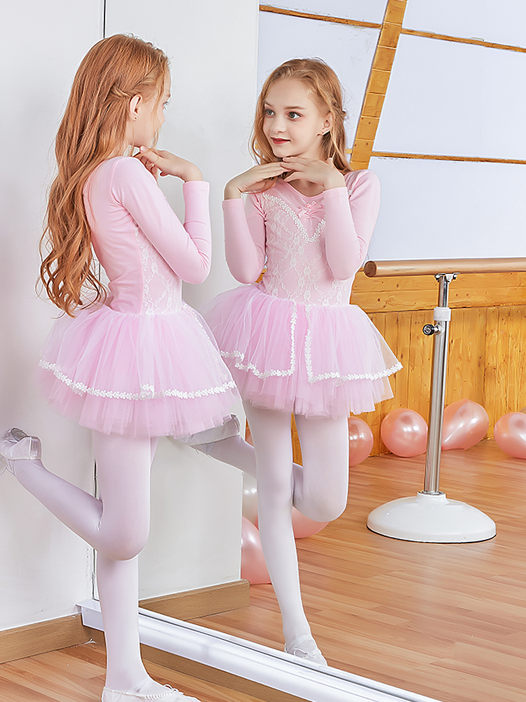 新款儿童纯棉舞蹈服秋冬长袖练功服女童芭蕾舞裙表演服蕾丝芭蕾裙