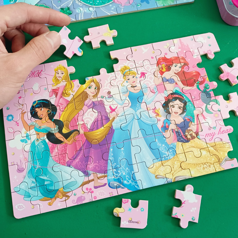 迪士尼公主拼图木质平图铁盒女孩3-4-56岁幼儿童宝宝益智木制玩具