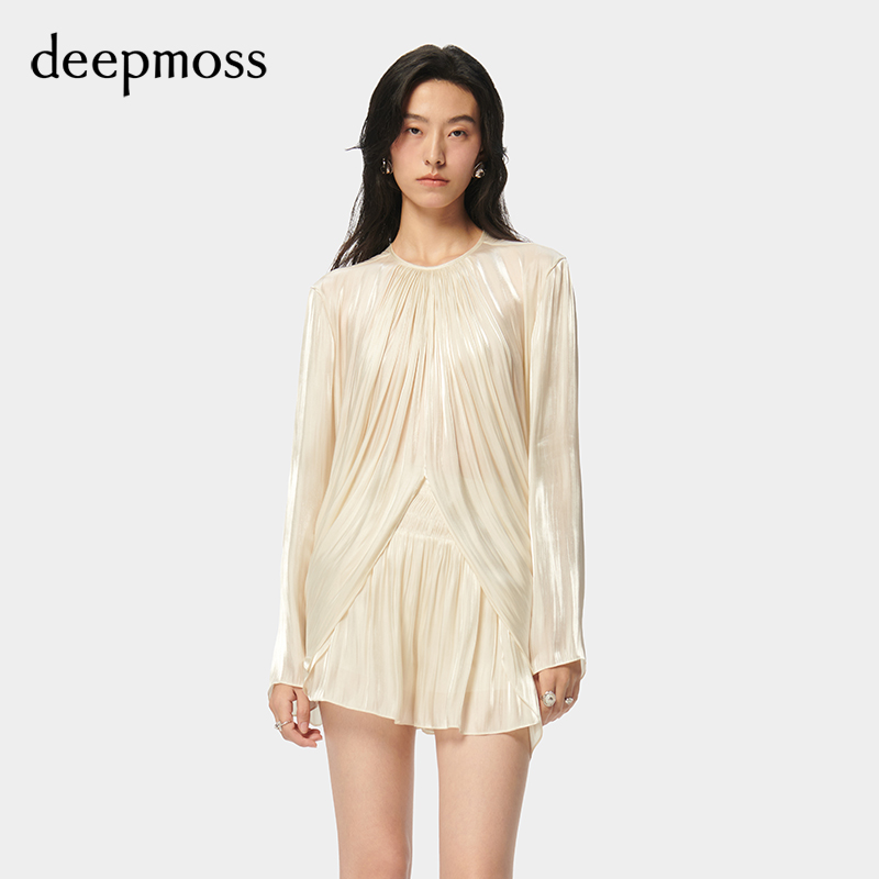 【deepmoss】2024春夏新款女装时尚休闲气质水泽圆领开叉荡褶上衣