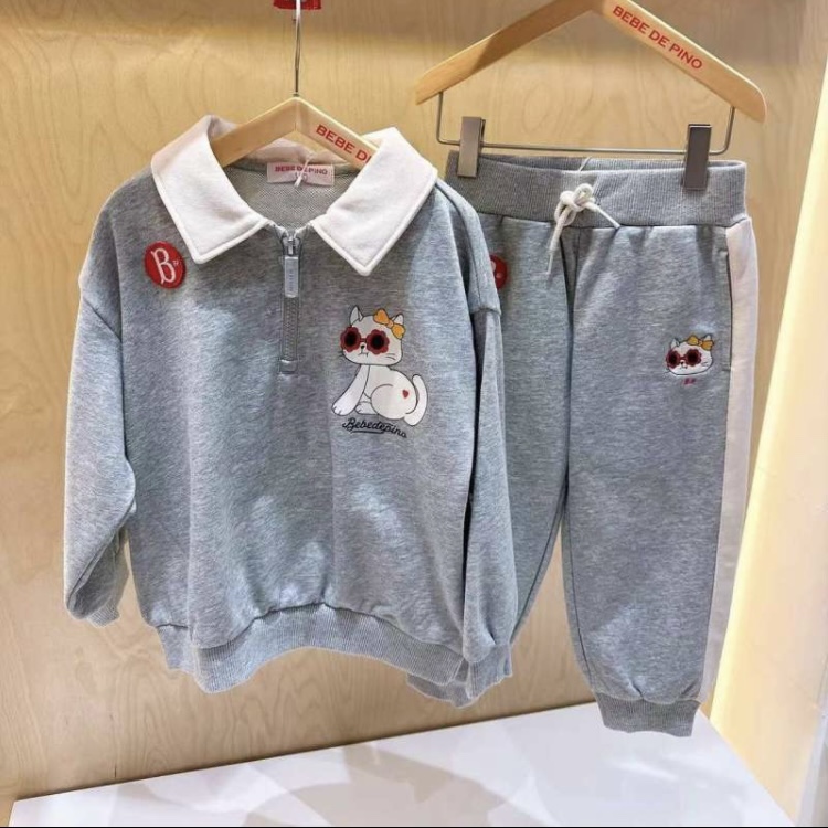 韩国童装ins风灰色Polo领子卫衣卫裤运动套装