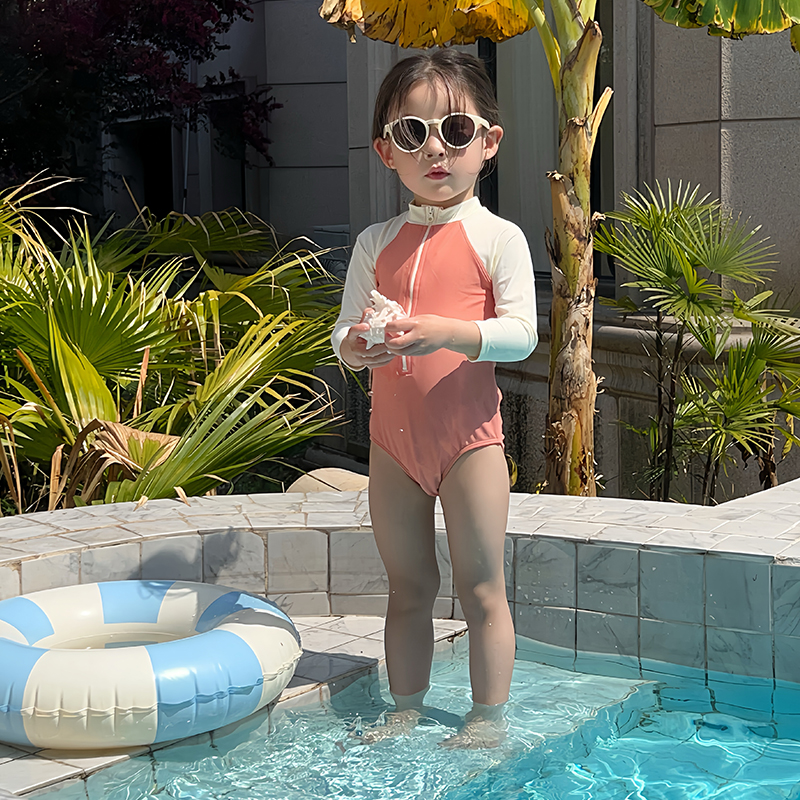 女童长袖泳衣儿童夏季防晒洋气拼色连体泳装女宝宝沙滩速干游泳衣