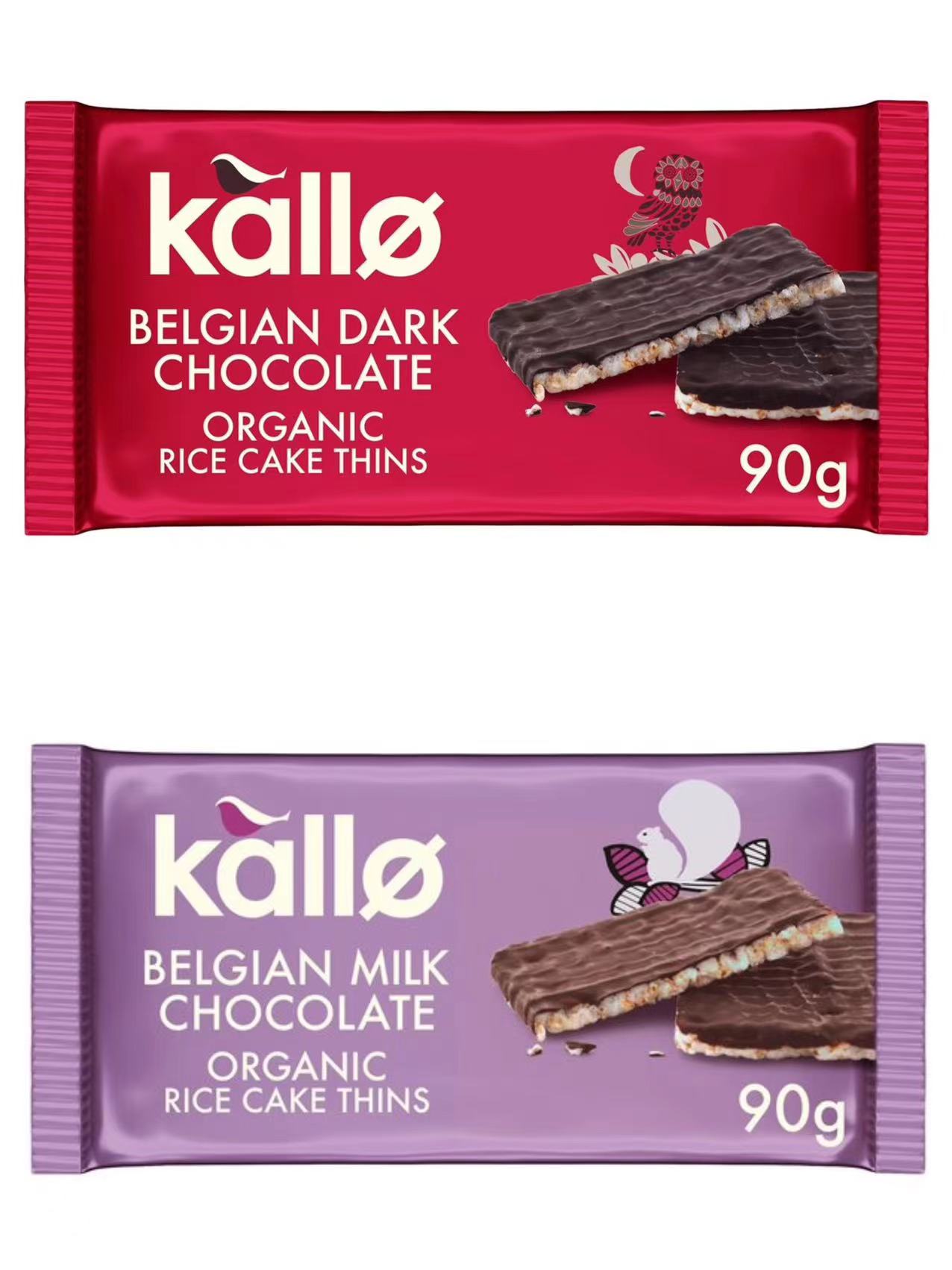 现货英国Kallo 牛奶/黑巧克力薄米饼90g儿童零食
