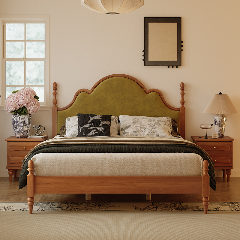法式复古实木床1.8米双人主卧大床中古美式轻奢简约设计师软包床