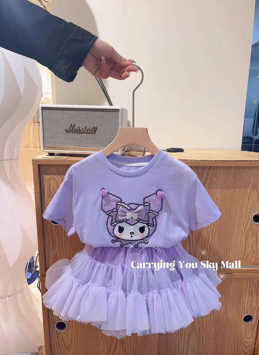 天空之城正品夏季女童短袖T恤公主库洛米纯棉透气卡通款紫色短裙